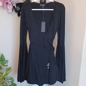 DOLLSKILL WIDOW XXL BLACK QUEEN OF THE CURSED WRAP DRESS WITH CROSS CHARMS